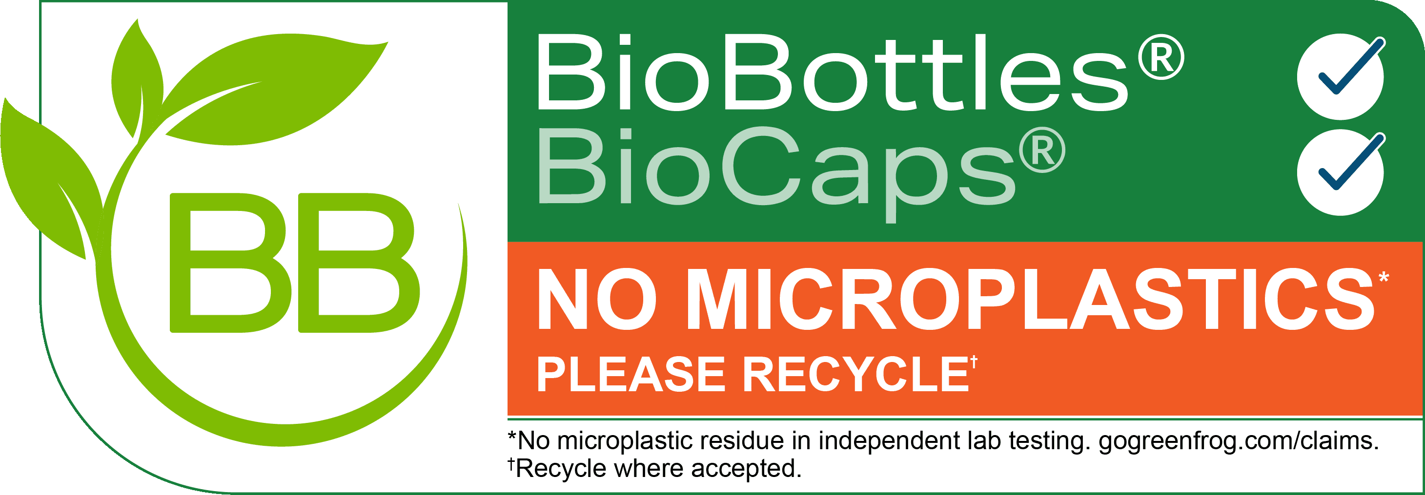 The BioBottles® badge — BioBottles® and BioCaps® both checked, No Microplastics, Please Recycle