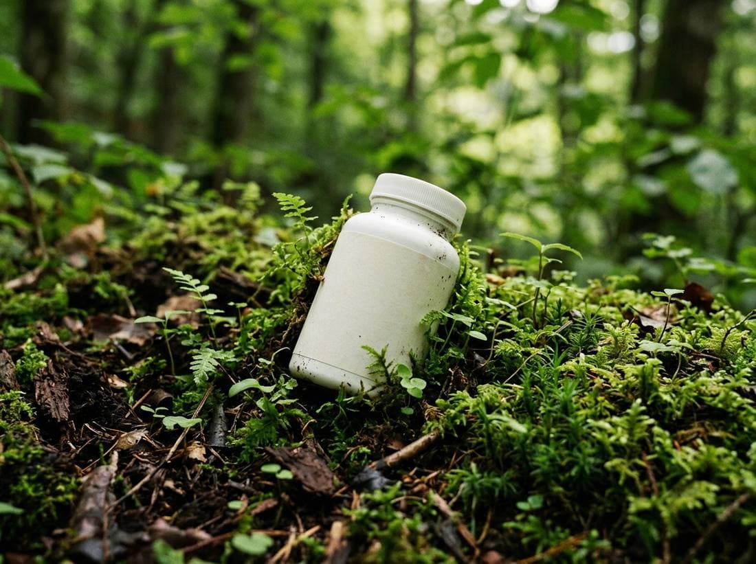 A supplement bottle resting on forest floor with moss and seedlings growing around it