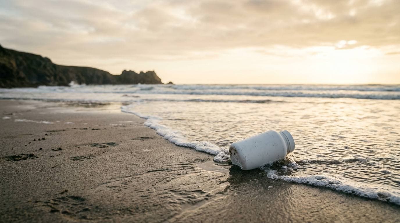 A discarded white supplement bottle in the surf at the tide line