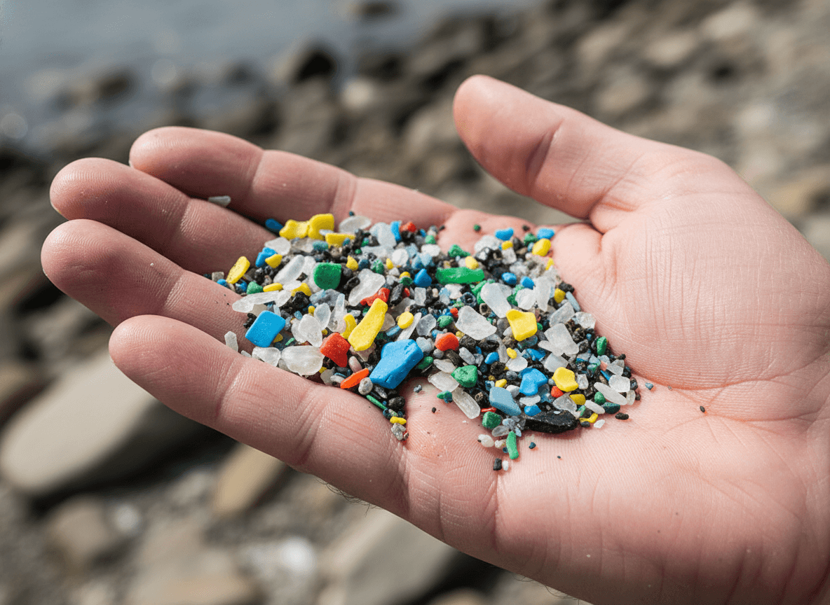 Microplastic fragments held in a hand